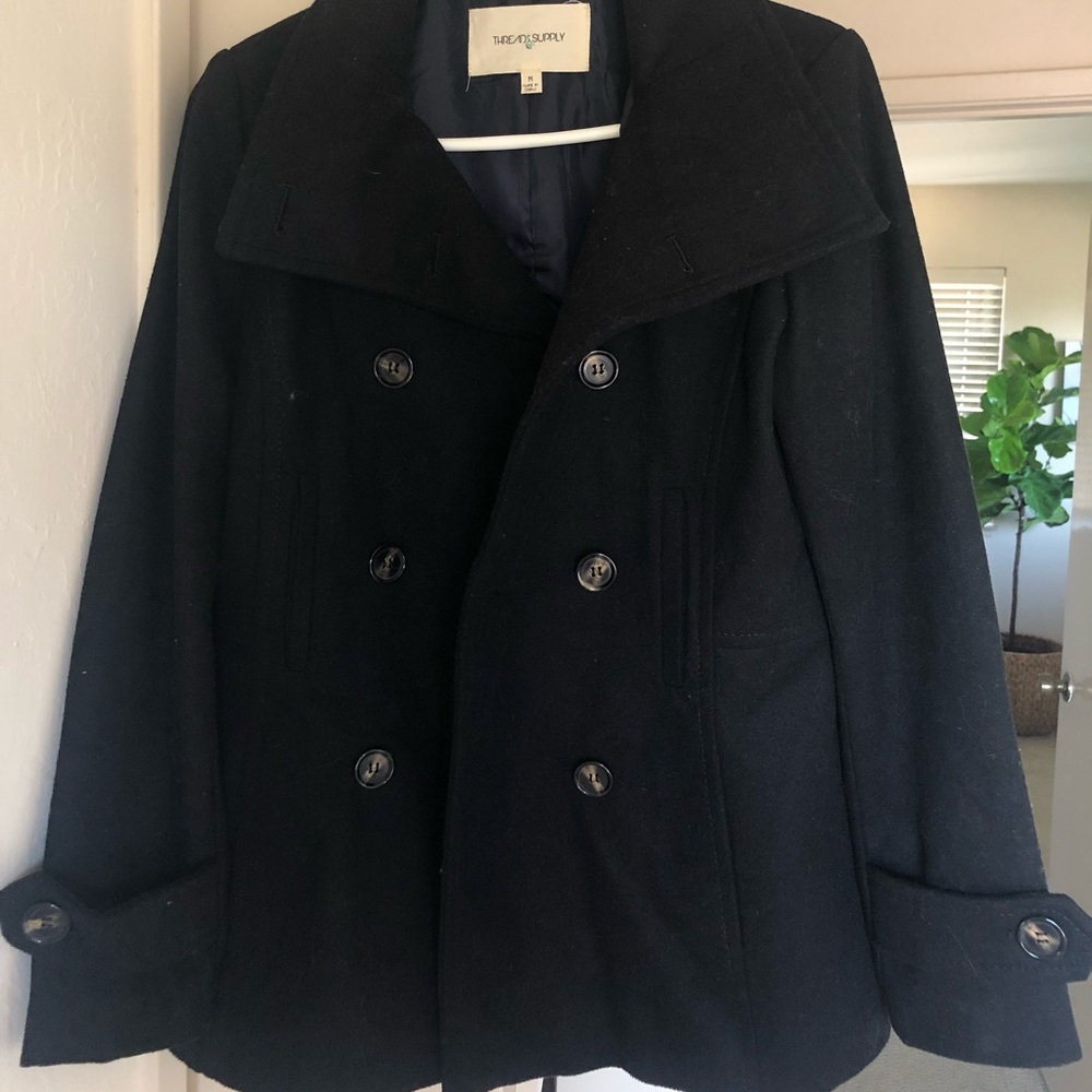 Thread & Supply Black Double Breasted Peacoat Size M Lined Fall Winter Coat